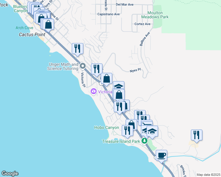 map of restaurants, bars, coffee shops, grocery stores, and more near 2965 Terry Road in Laguna Beach