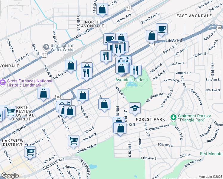 map of restaurants, bars, coffee shops, grocery stores, and more near 3829 5th Avenue South in Birmingham