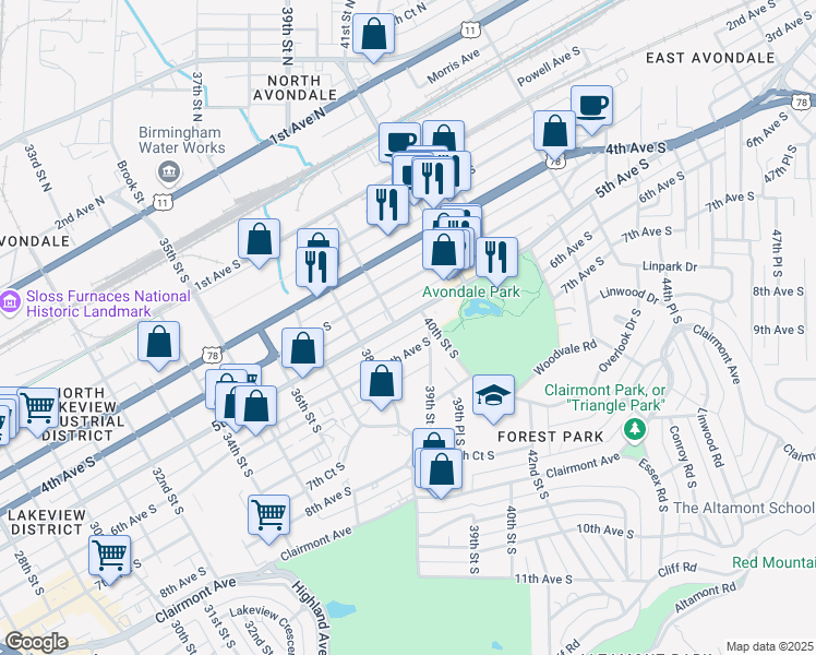 map of restaurants, bars, coffee shops, grocery stores, and more near 3829 5th Avenue South in Birmingham