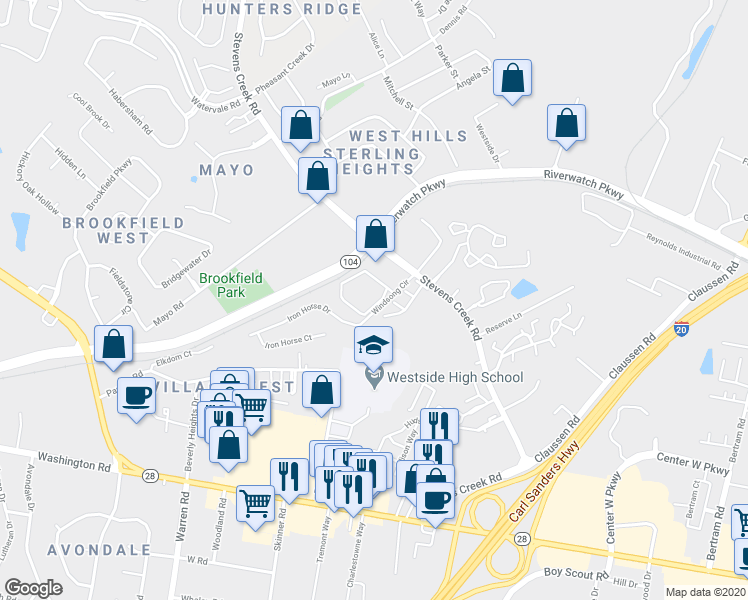 map of restaurants, bars, coffee shops, grocery stores, and more near 205 Windsong Circle in Augusta