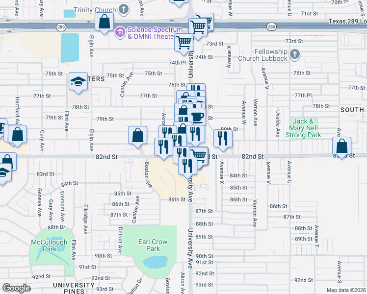 map of restaurants, bars, coffee shops, grocery stores, and more near 8102 University Avenue in Lubbock