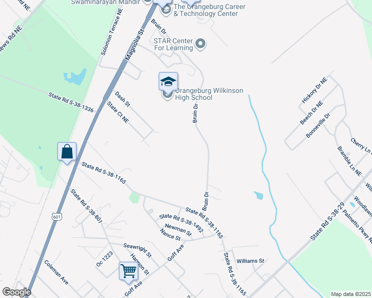 map of restaurants, bars, coffee shops, grocery stores, and more near 601 Bruin Drive in Orangeburg
