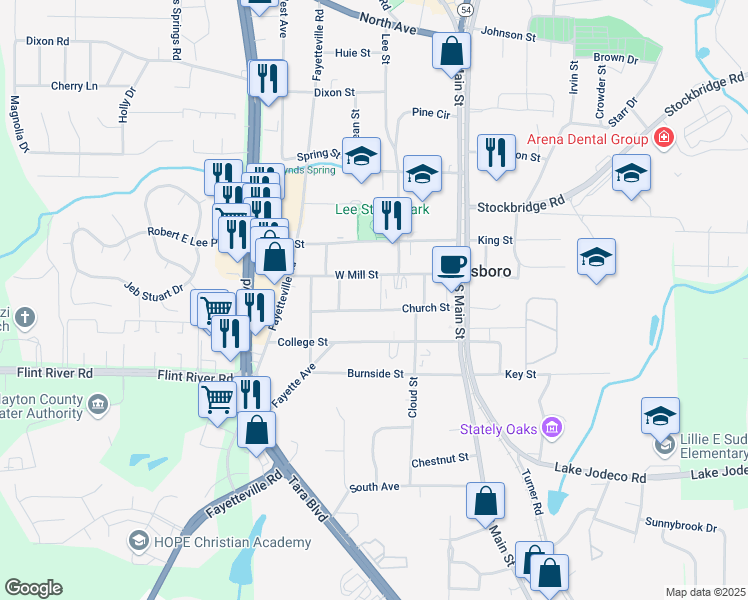 map of restaurants, bars, coffee shops, grocery stores, and more near 167 Church Street in Jonesboro