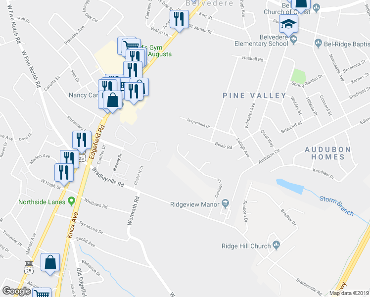 map of restaurants, bars, coffee shops, grocery stores, and more near 48 Pram Court in North Augusta