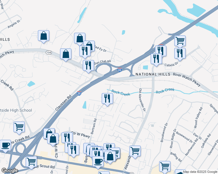 map of restaurants, bars, coffee shops, grocery stores, and more near 1005 Bertram Road Extension in Augusta