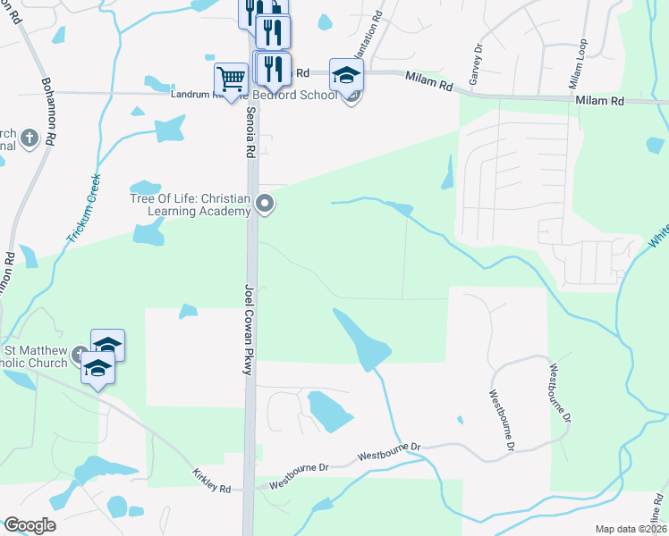 map of restaurants, bars, coffee shops, grocery stores, and more near 150 Thompson Road in Tyrone