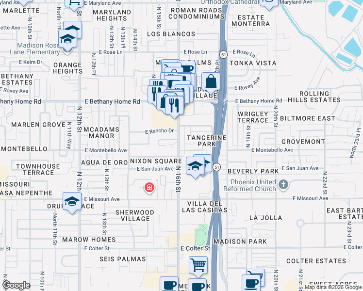 map of restaurants, bars, coffee shops, grocery stores, and more near 5709 North 16th Street in Phoenix