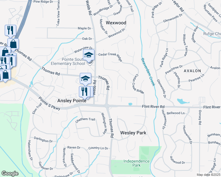 map of restaurants, bars, coffee shops, grocery stores, and more near 8630 Thomas Road in Riverdale