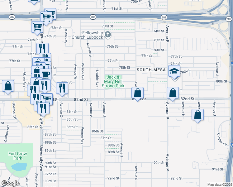 map of restaurants, bars, coffee shops, grocery stores, and more near 8110 Temple Avenue in Lubbock