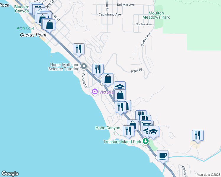 map of restaurants, bars, coffee shops, grocery stores, and more near 2979 Terry Road in Laguna Beach