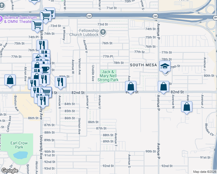 map of restaurants, bars, coffee shops, grocery stores, and more near 8110 Temple Ave in Lubbock