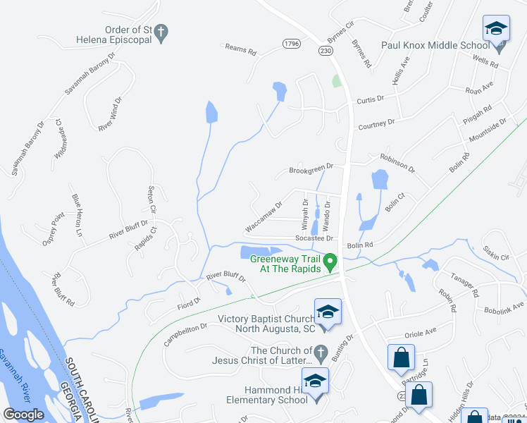 map of restaurants, bars, coffee shops, grocery stores, and more near 1416 Waccamaw Drive in North Augusta