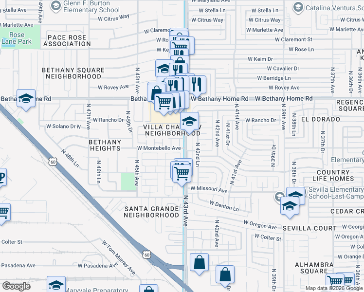 map of restaurants, bars, coffee shops, grocery stores, and more near 5701 North 43rd Drive in Glendale