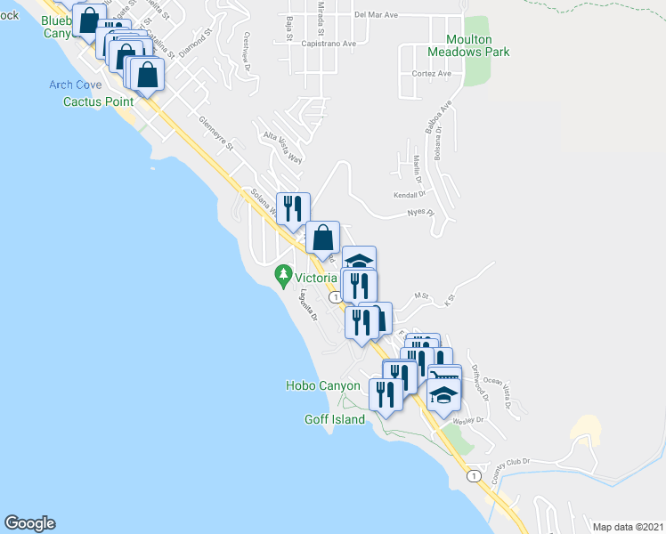 map of restaurants, bars, coffee shops, grocery stores, and more near 2979 Terry Road in Laguna Beach