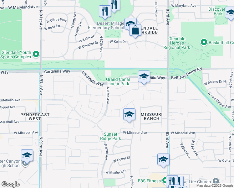 map of restaurants, bars, coffee shops, grocery stores, and more near 8634 West Rancho Drive in Glendale