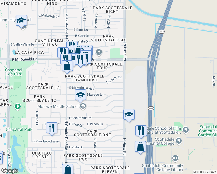 map of restaurants, bars, coffee shops, grocery stores, and more near 8650 East Montebello Avenue in Scottsdale