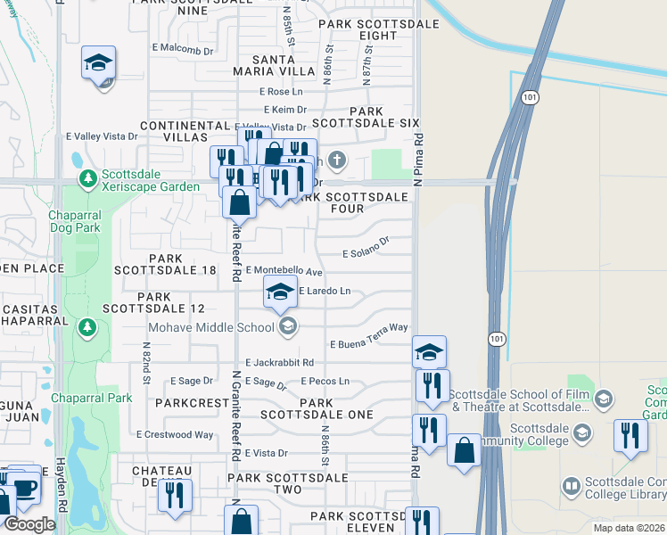 map of restaurants, bars, coffee shops, grocery stores, and more near 8608 East Montebello Avenue in Scottsdale