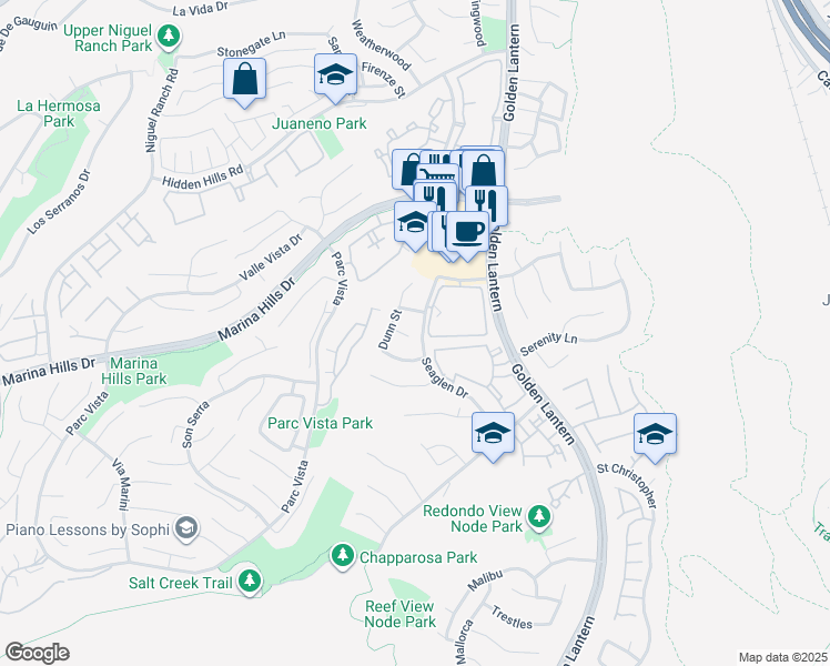 map of restaurants, bars, coffee shops, grocery stores, and more near 17 Stream Street in Laguna Niguel