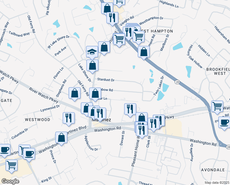 map of restaurants, bars, coffee shops, grocery stores, and more near 3524 Rainbow Road in Augusta