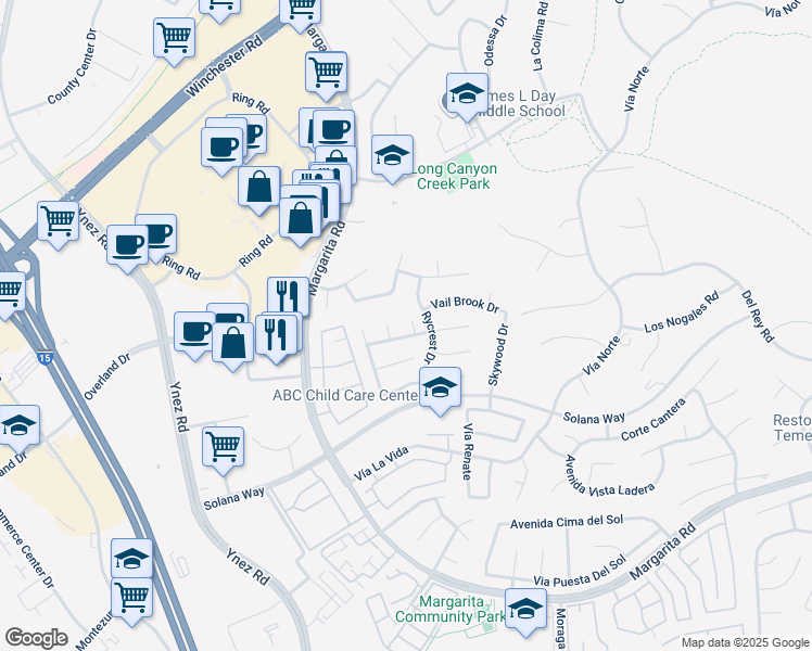 map of restaurants, bars, coffee shops, grocery stores, and more near 41843 Marwood Circle in Temecula