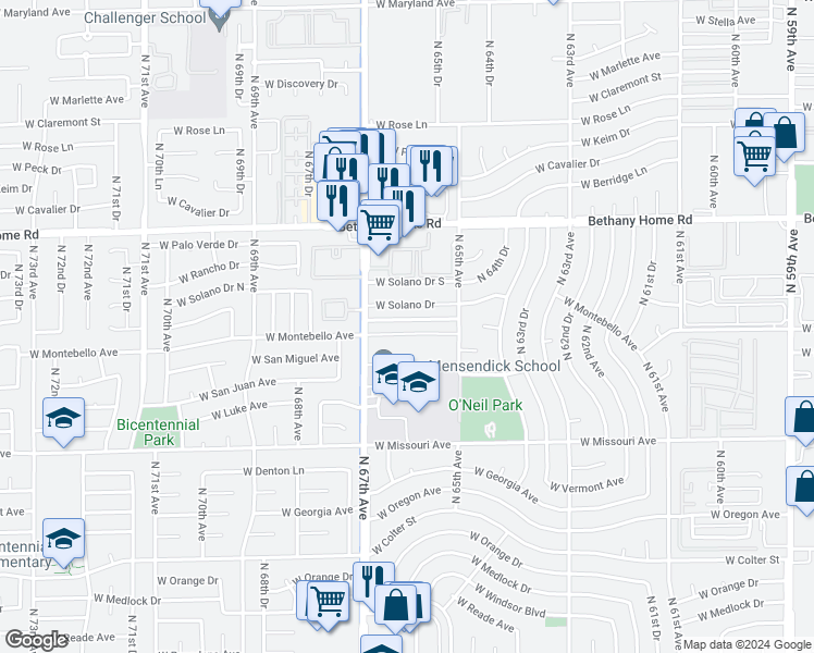 map of restaurants, bars, coffee shops, grocery stores, and more near 6603 West Montebello Avenue in Glendale