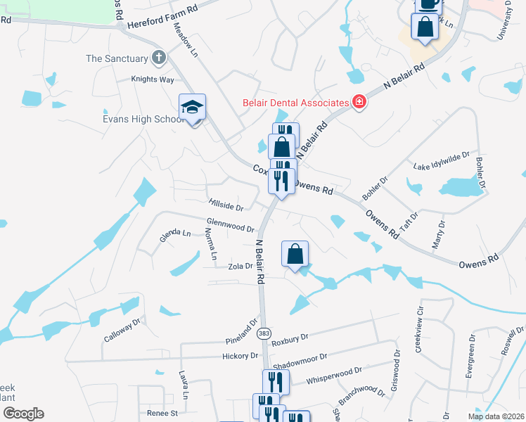 map of restaurants, bars, coffee shops, grocery stores, and more near 254 North Belair Road in Evans