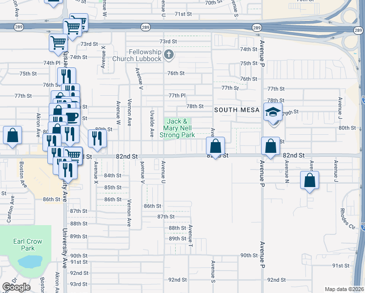 map of restaurants, bars, coffee shops, grocery stores, and more near 8110 Temple Avenue in Lubbock