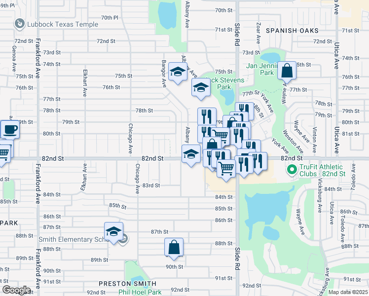 map of restaurants, bars, coffee shops, grocery stores, and more near 7910 Albany Avenue in Lubbock