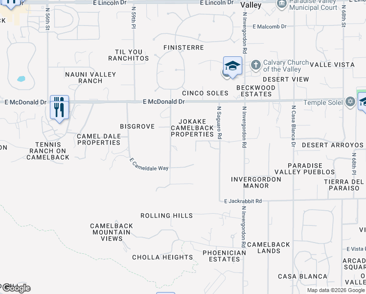 map of restaurants, bars, coffee shops, grocery stores, and more near 5711 North Yucca Road in Paradise Valley