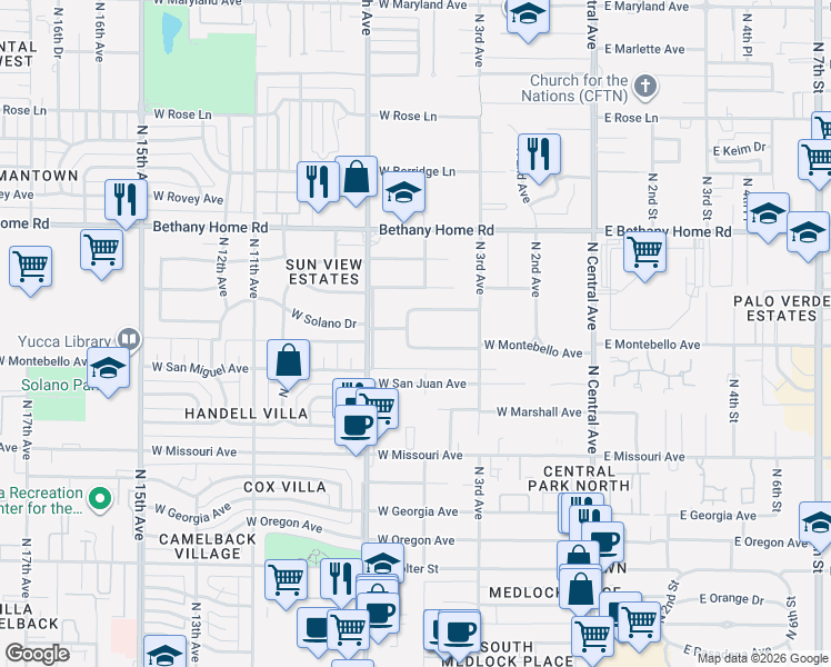 map of restaurants, bars, coffee shops, grocery stores, and more near 340 West Montebello Avenue in Phoenix