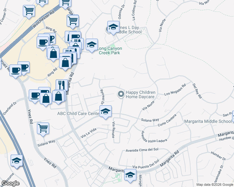 map of restaurants, bars, coffee shops, grocery stores, and more near 29824 Nightview Circle in Temecula