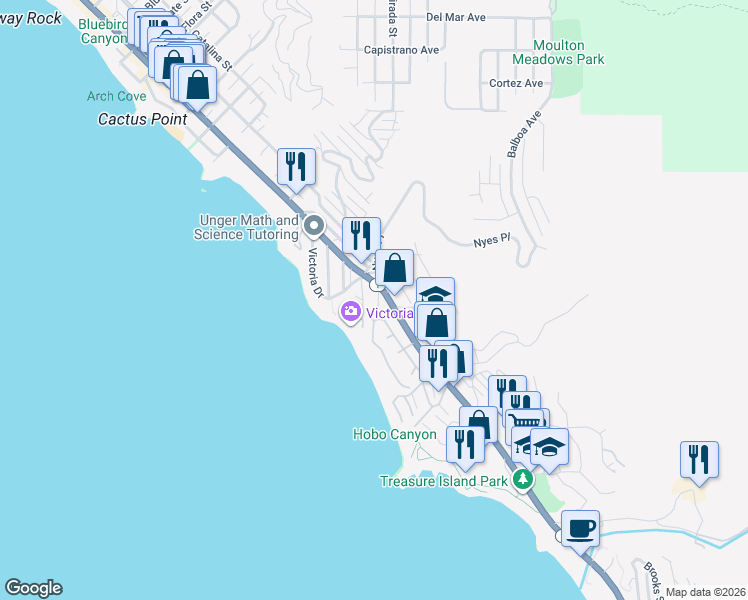 map of restaurants, bars, coffee shops, grocery stores, and more near 163 Dumond Drive in Laguna Beach