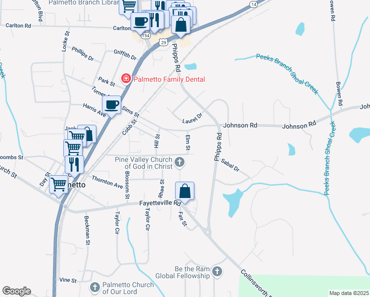map of restaurants, bars, coffee shops, grocery stores, and more near 204 Elm Street in Palmetto