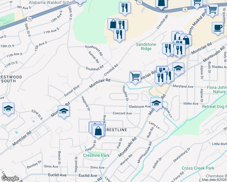 map of restaurants, bars, coffee shops, grocery stores, and more near 1212 Ingram Avenue in Birmingham