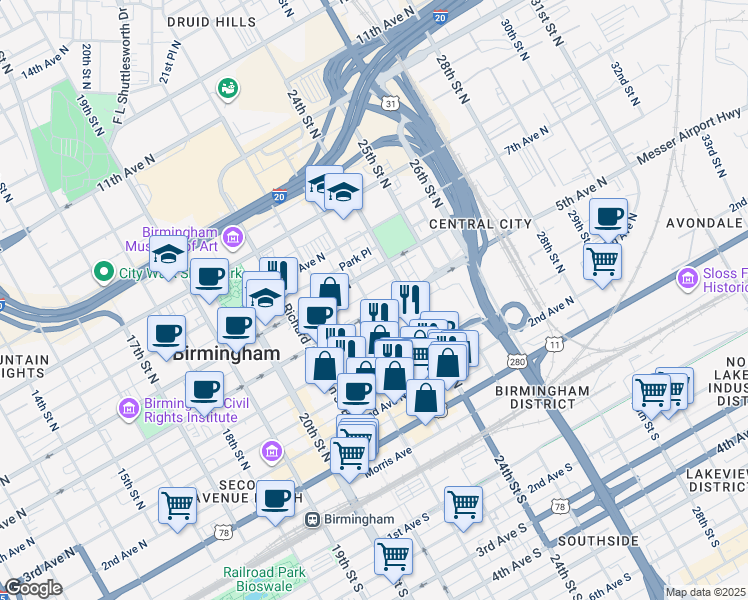 map of restaurants, bars, coffee shops, grocery stores, and more near 2304 5th Avenue North in Birmingham