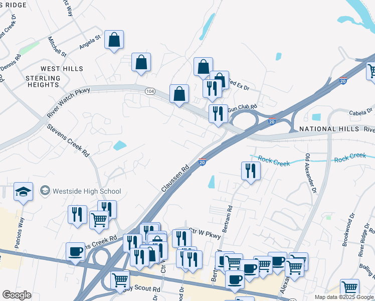 map of restaurants, bars, coffee shops, grocery stores, and more near 2214 River Park Court in Augusta