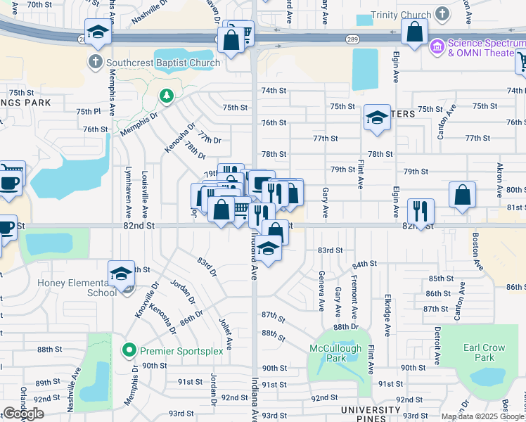 map of restaurants, bars, coffee shops, grocery stores, and more near 8105 Indiana Avenue in Lubbock