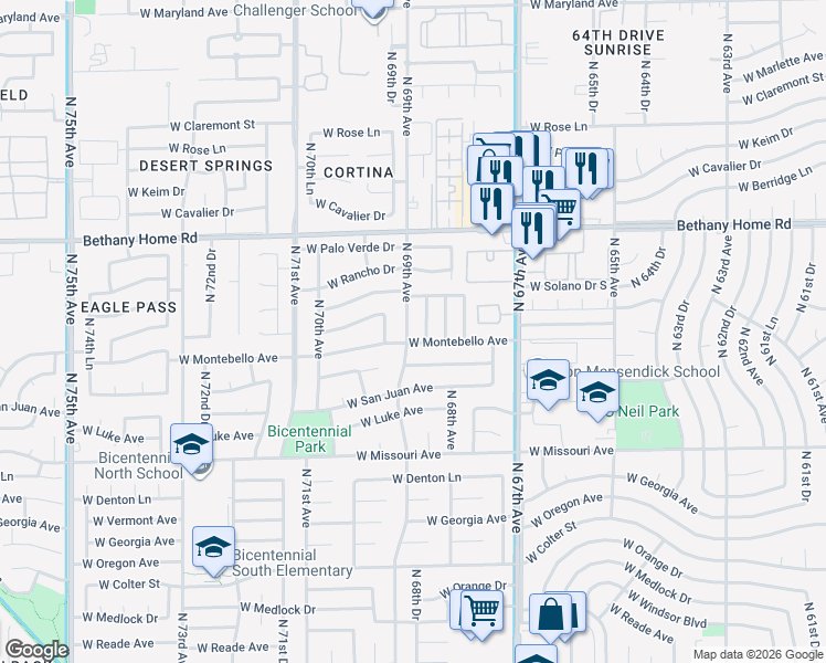 map of restaurants, bars, coffee shops, grocery stores, and more near 5709 North 69th Avenue in Glendale