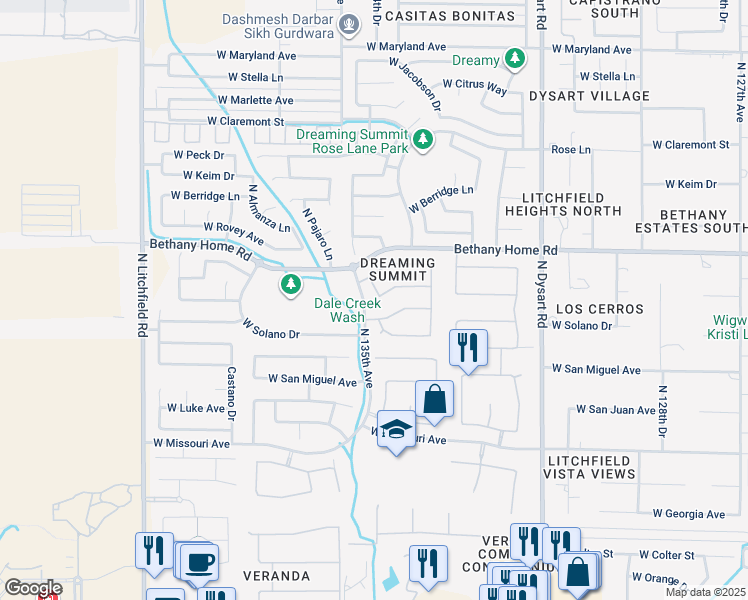 map of restaurants, bars, coffee shops, grocery stores, and more near 5830 North 134th Drive in Litchfield Park