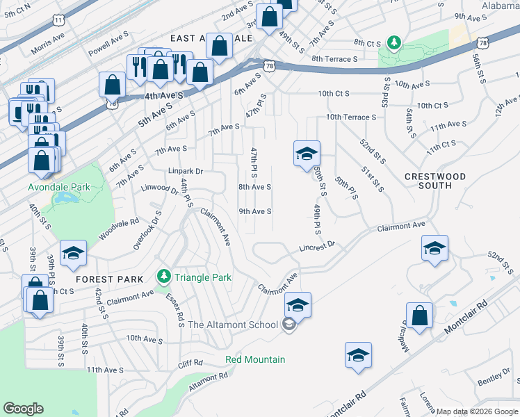 map of restaurants, bars, coffee shops, grocery stores, and more near 4724 9th Avenue South in Birmingham