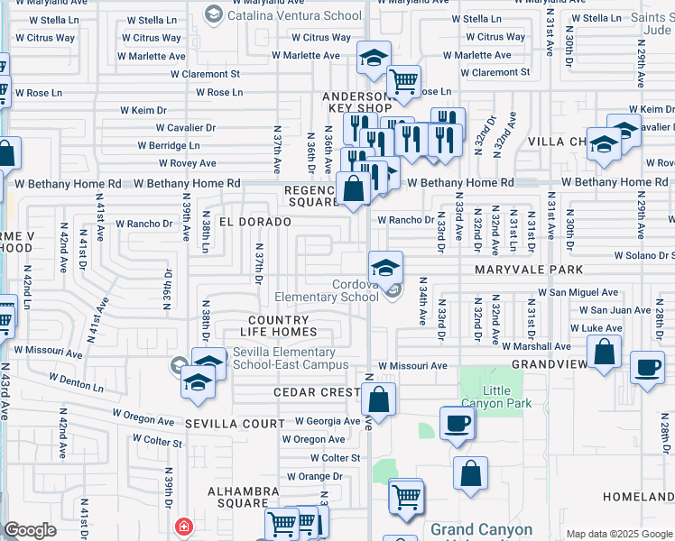 map of restaurants, bars, coffee shops, grocery stores, and more near 3530 West Montebello Avenue in Phoenix