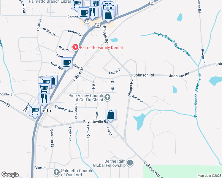 map of restaurants, bars, coffee shops, grocery stores, and more near 204 Elm Street in Palmetto