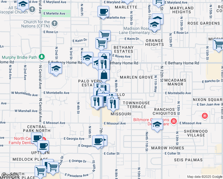 map of restaurants, bars, coffee shops, grocery stores, and more near 730 East Montebello Avenue in Phoenix