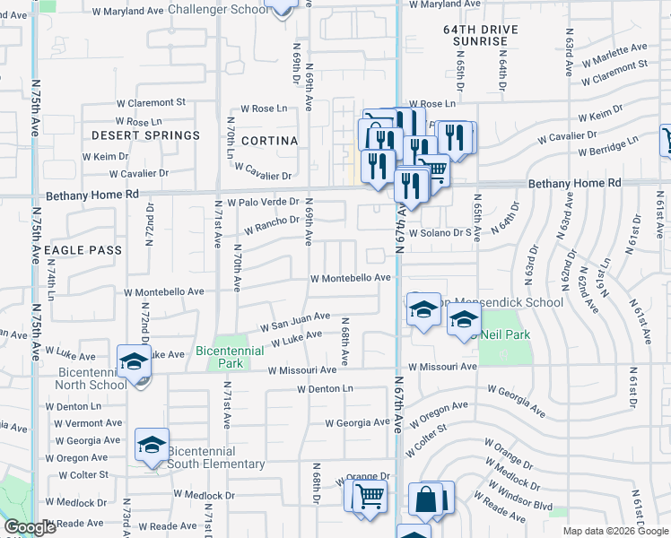 map of restaurants, bars, coffee shops, grocery stores, and more near 5712 North 68th Avenue in Glendale