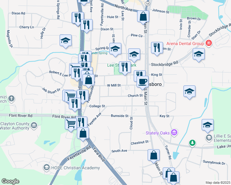 map of restaurants, bars, coffee shops, grocery stores, and more near 167 Church St in Jonesboro
