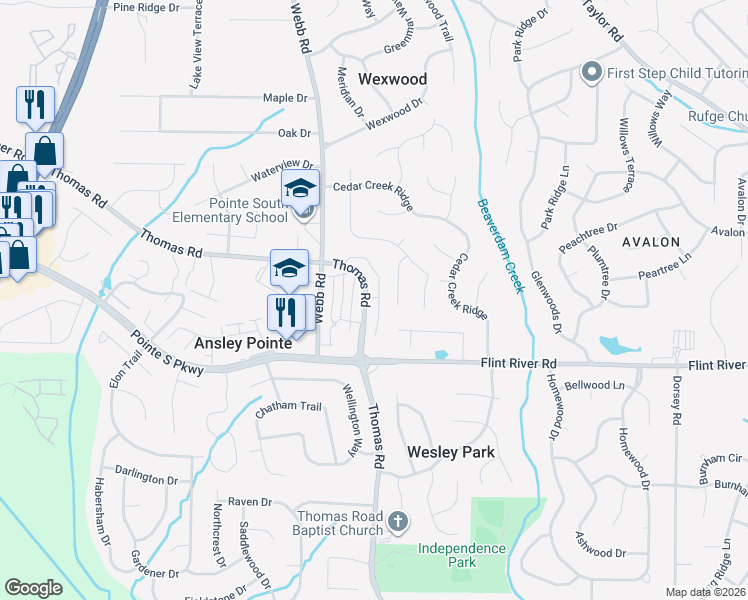 map of restaurants, bars, coffee shops, grocery stores, and more near 8628 Thomas Road in Riverdale