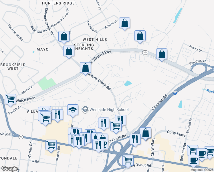 map of restaurants, bars, coffee shops, grocery stores, and more near 109 Stevens Creek Court in Augusta