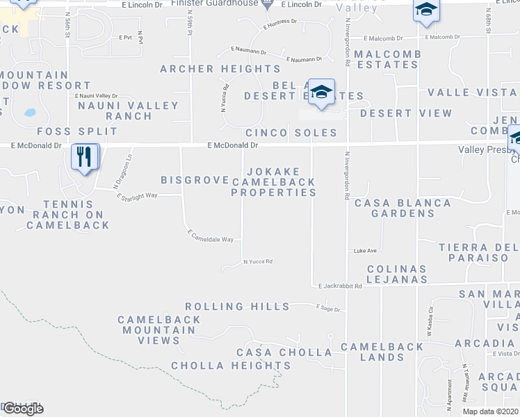 map of restaurants, bars, coffee shops, grocery stores, and more near 5711 North Yucca Road in Paradise Valley