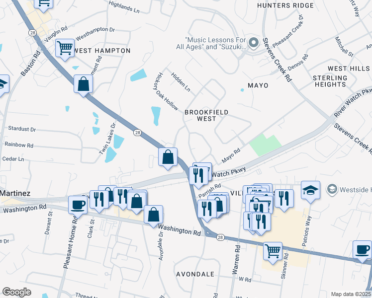 map of restaurants, bars, coffee shops, grocery stores, and more near 853 Brookfield Parkway in Augusta