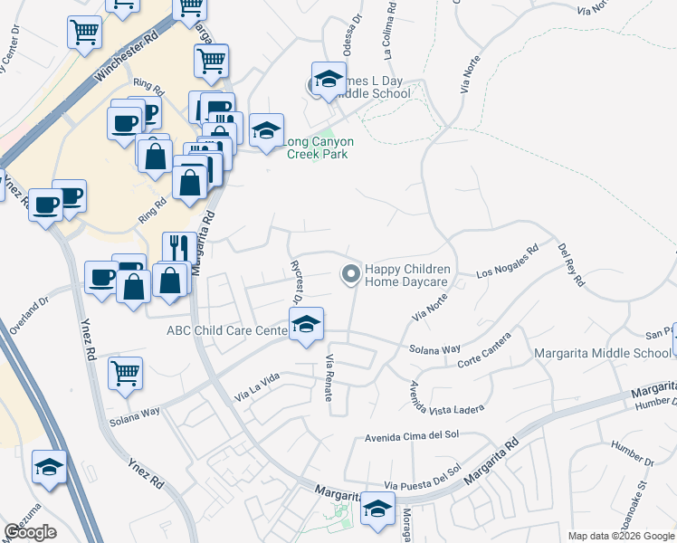 map of restaurants, bars, coffee shops, grocery stores, and more near 29824 Nightview Circle in Temecula